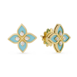 PRINCESS FLOWER EARRINGS FOR CAROUSEL WITH DIAMONDS AND BLUE ENAMEL