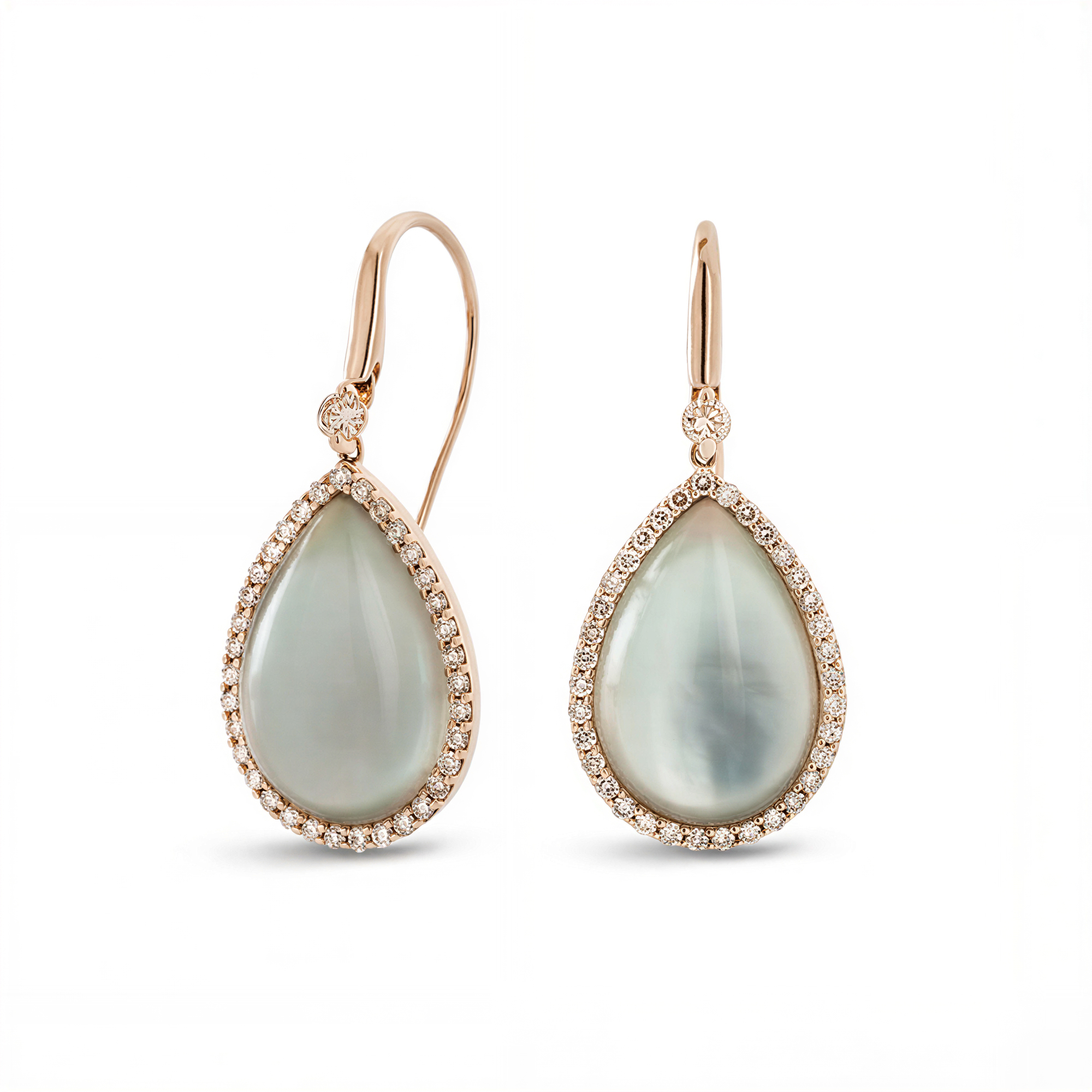 COCKTAIL EARRINGS WITH DOUBLET WHITE MOTHER OF PEARL, PRASIOLITE AND BROWN DIAMONDS