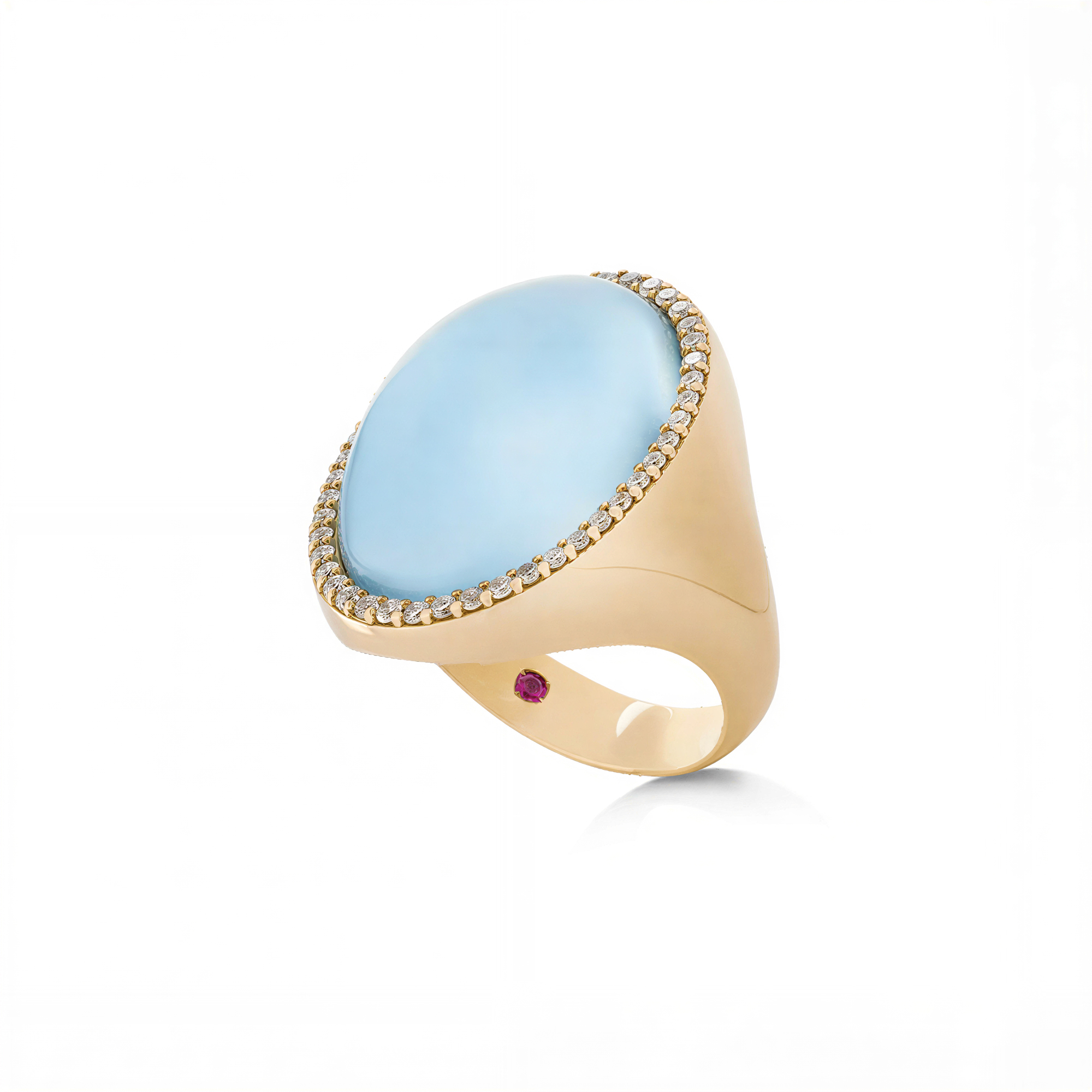 COCKTAIL RING WITH WHITE MOTHER OF PEARL, BLUE TOPAZ AND DIAMONDS