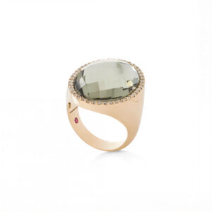 COCKTAIL RING WITH CRYSTAL BRIOLET, WHITE RHODONITE  SHEET AND BROWN DIAMONDS