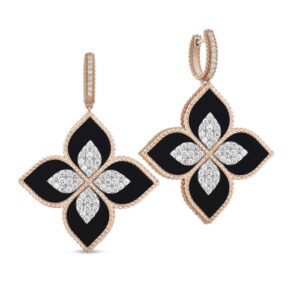PRINCESS FLOWER EARRINGS WITH DIAMONDS AND BLACK JADE