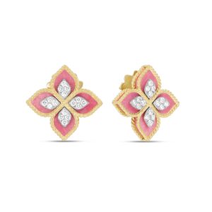 PRINCESS FLOWER EARRINGS WITH DIAMONDS AND RHODONITE