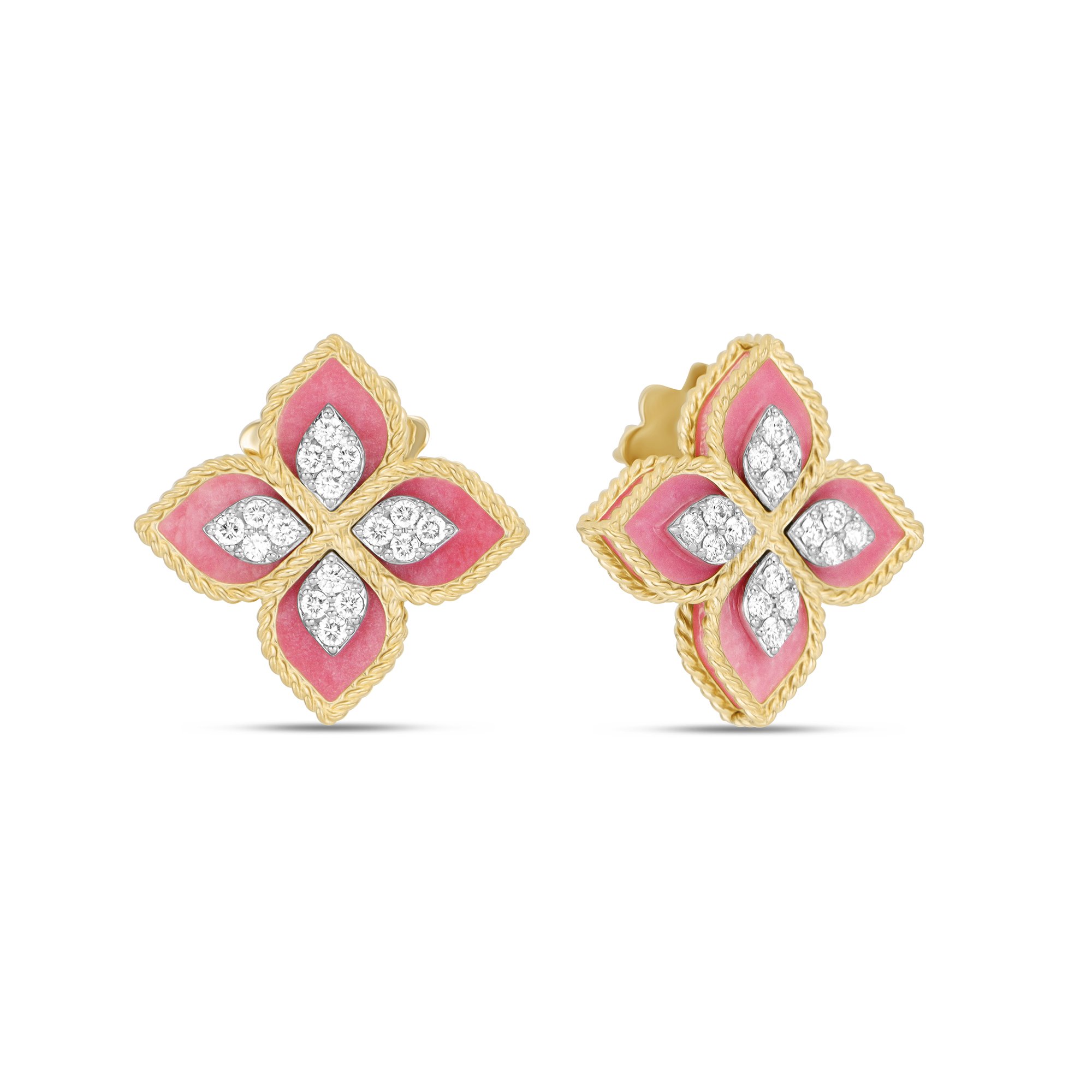 PRINCESS FLOWER EARRINGS WITH DIAMONDS AND RHODONITE