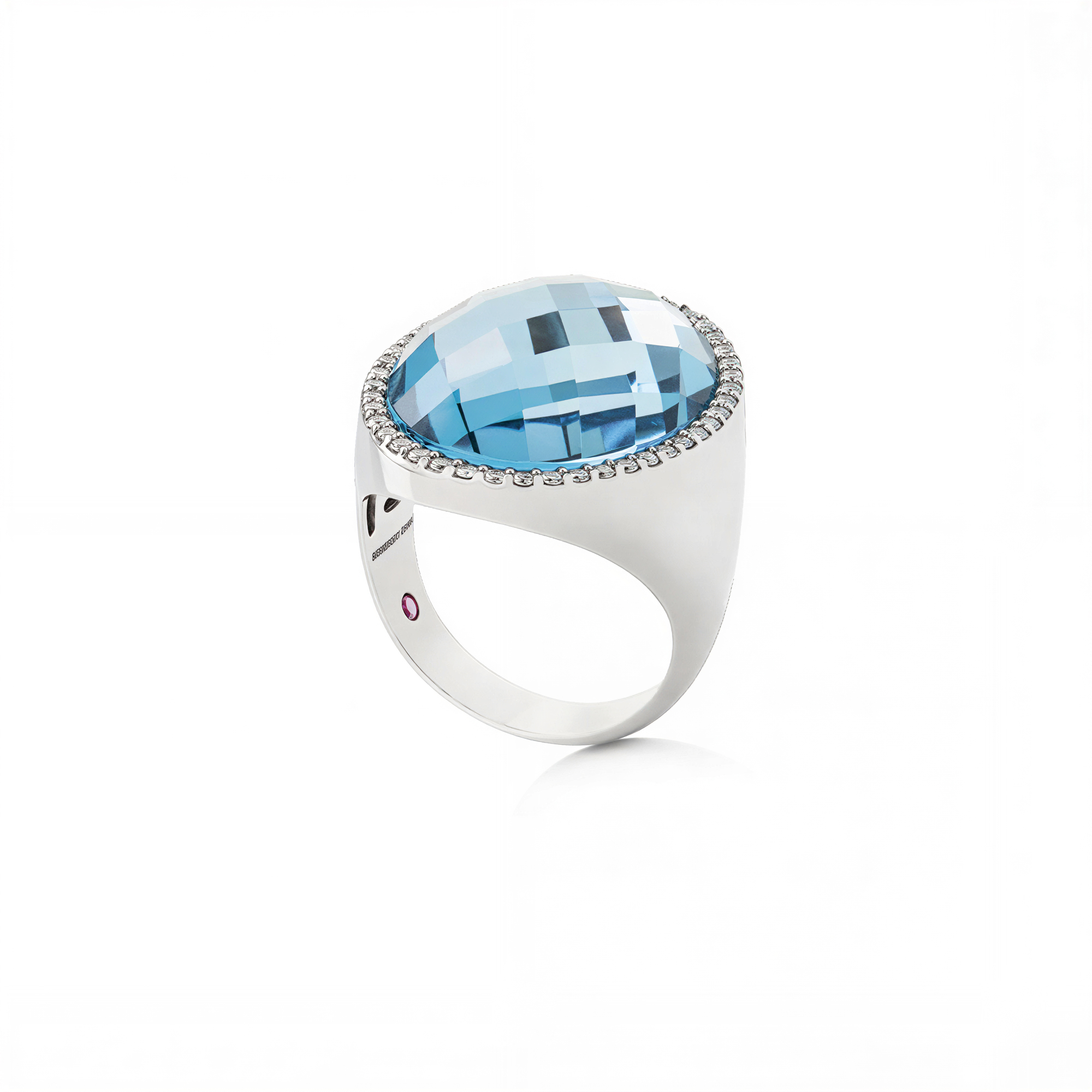 COCKTAIL RING WITH DOUBLET BLUE TOPAZ, WHITE RHOD. GOLD SHEET AND DIAMONDS