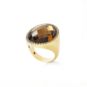 COCKTAIL RING  WITH DOUBLET SMOKY QUARTZ, GOLD SHEET AND BROWN DIAMONDS