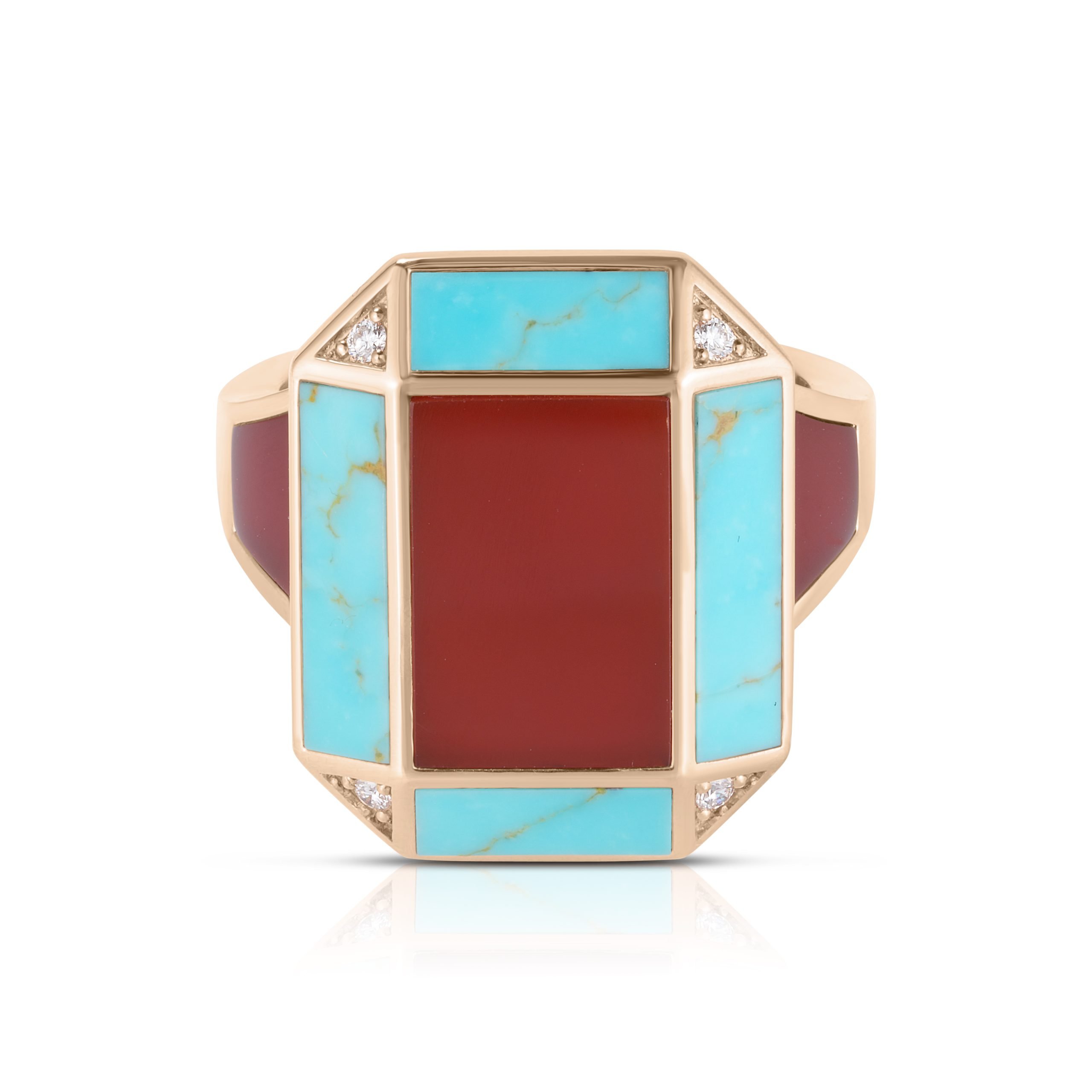 ART DECO RING WITH TURQUOISE, RED AGATE AND DIAMONDS - Image 2