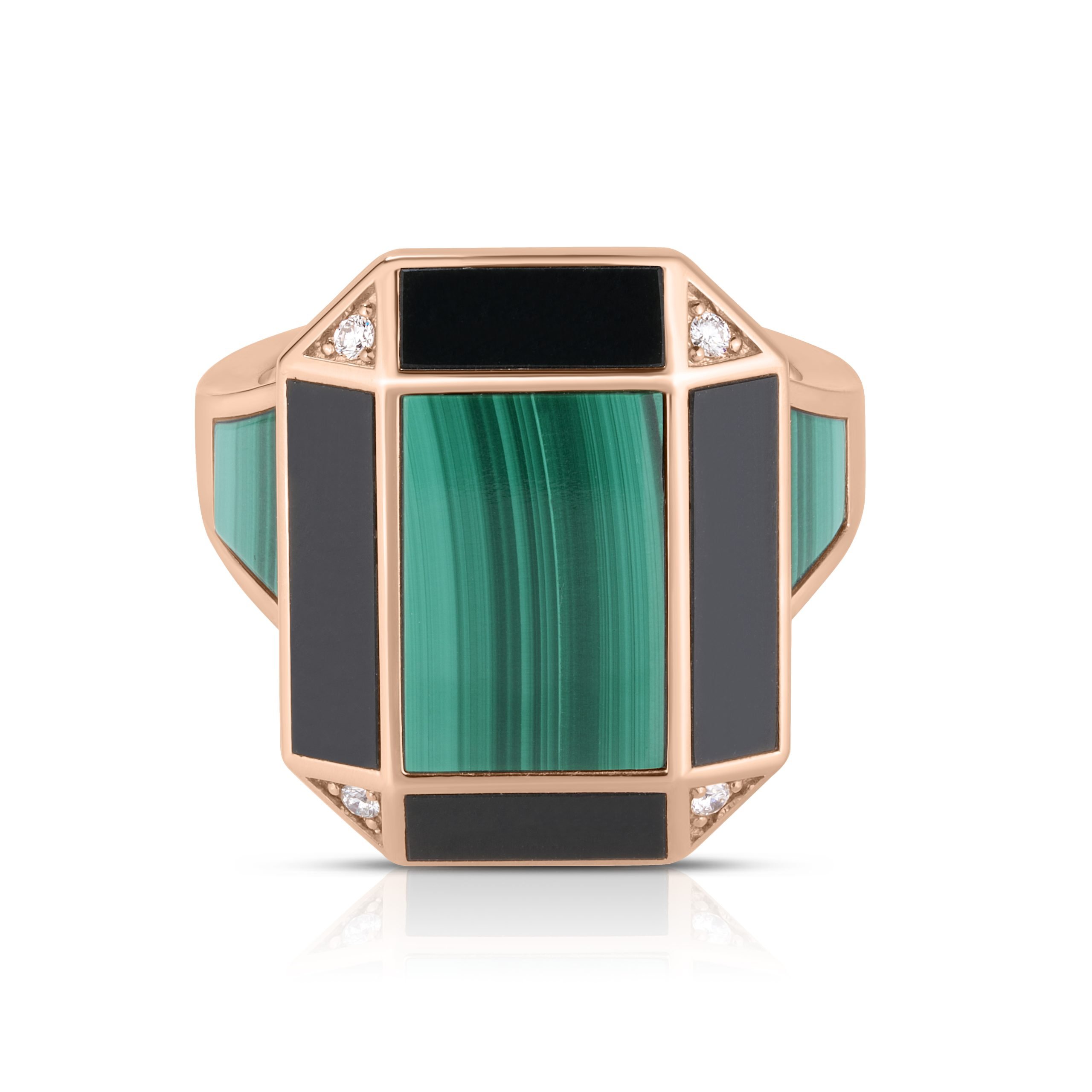 ART DECO RING WITH BLACK JADE, MALACHITE AND DIAMONDS - Image 2