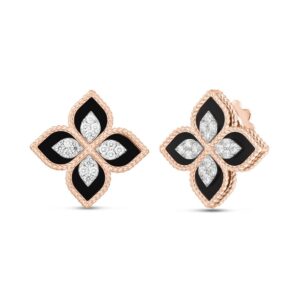 PRINCESS FLOWER EARRINGS WITH DIAMONDS AND BLACK JADE
