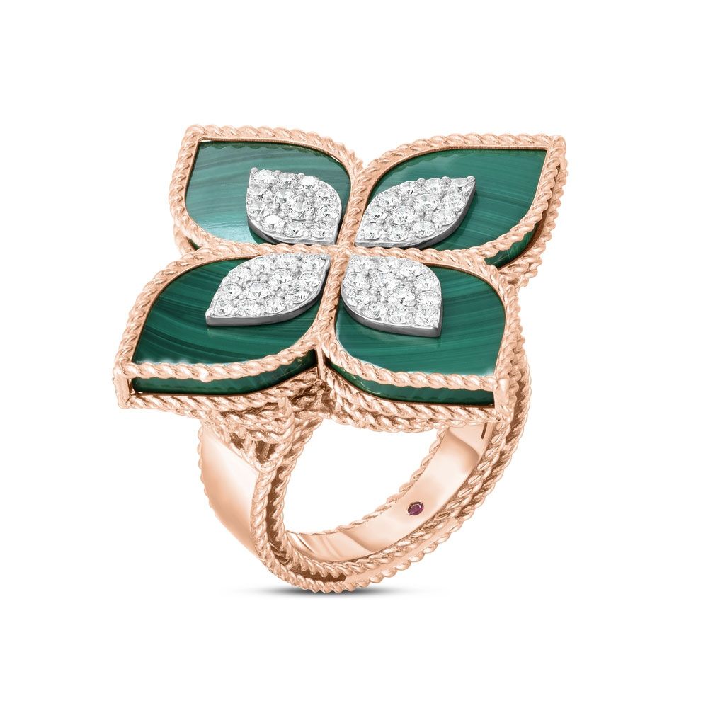 PRINCESS FLOWER RING WITH DIAMONDS AND MALACHITE